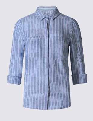 PETITE Pure Linen Striped Long Sleeve Shirt
